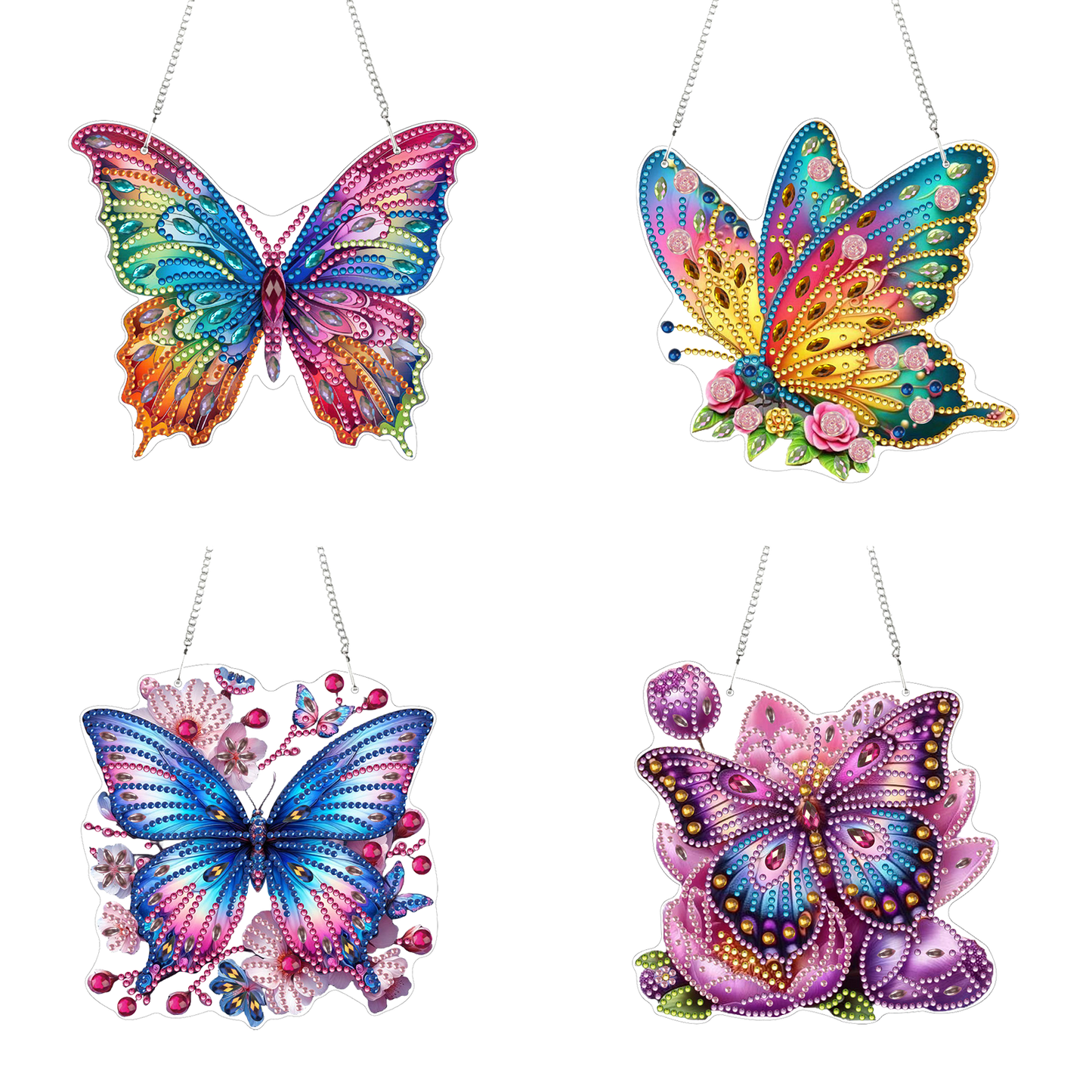 4pcs Butterfly Floral DIY 2D Flat Acrylic Diamond Painting Pendant Kit for Home