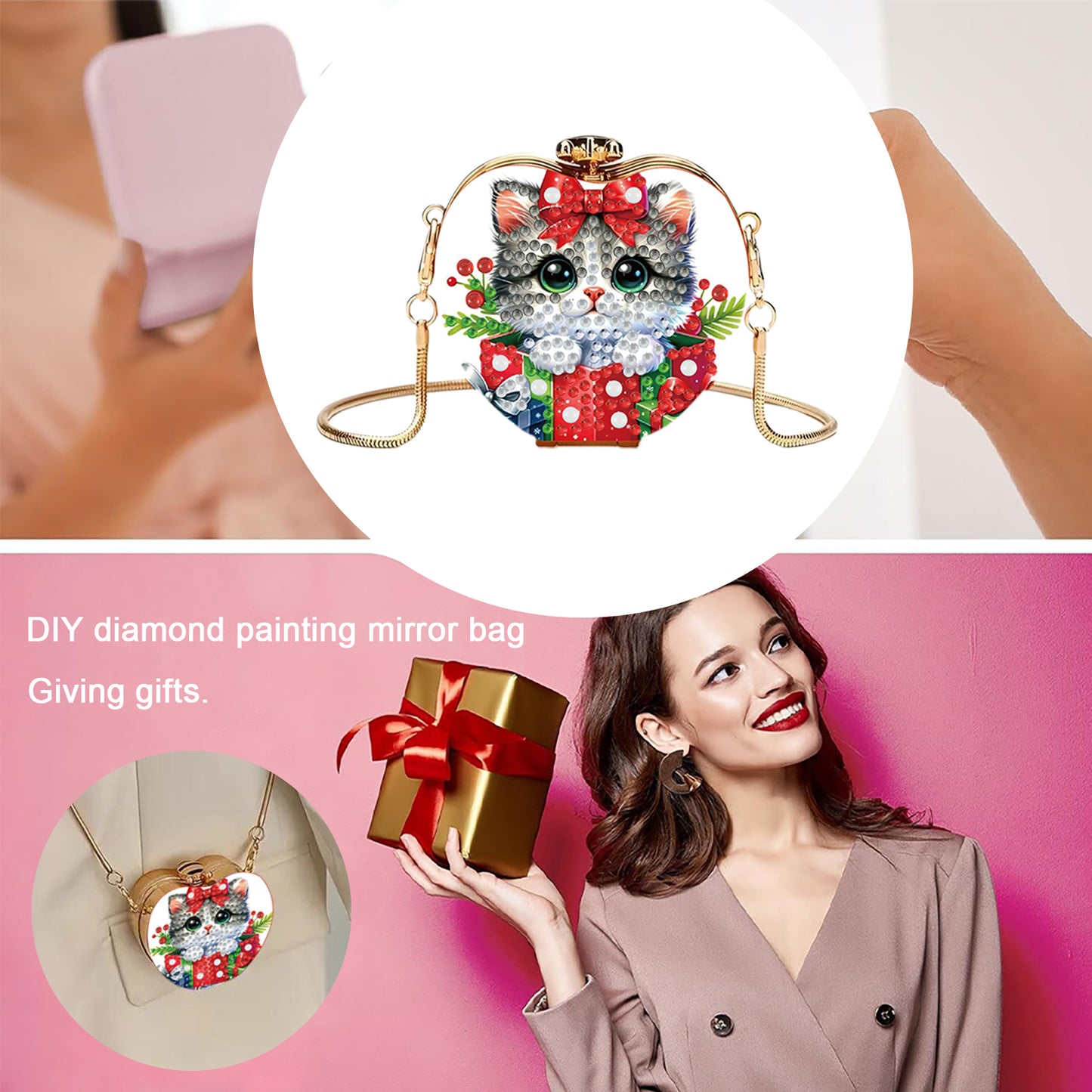 Xmas Cat DIY Acrylic Love Art Diamond Painting Coin Purse with Chain for Women