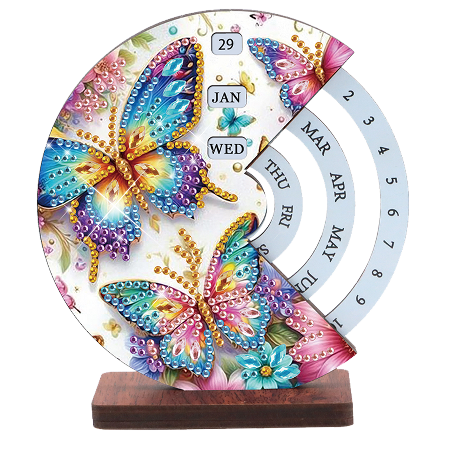 2pcs Butterfly Hummingbir Diamond Art Wooden Round Rotatable Calendar for Home