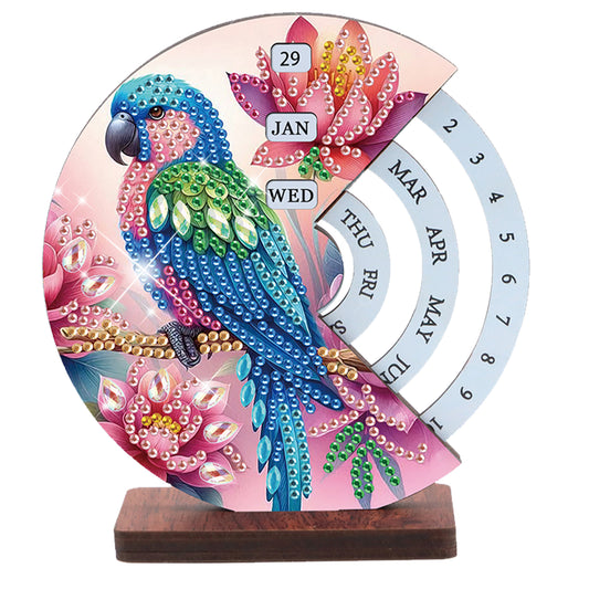 2pcs Parrot DIY Diamond Art Wooden Round Rotatable Calendar for Home Office