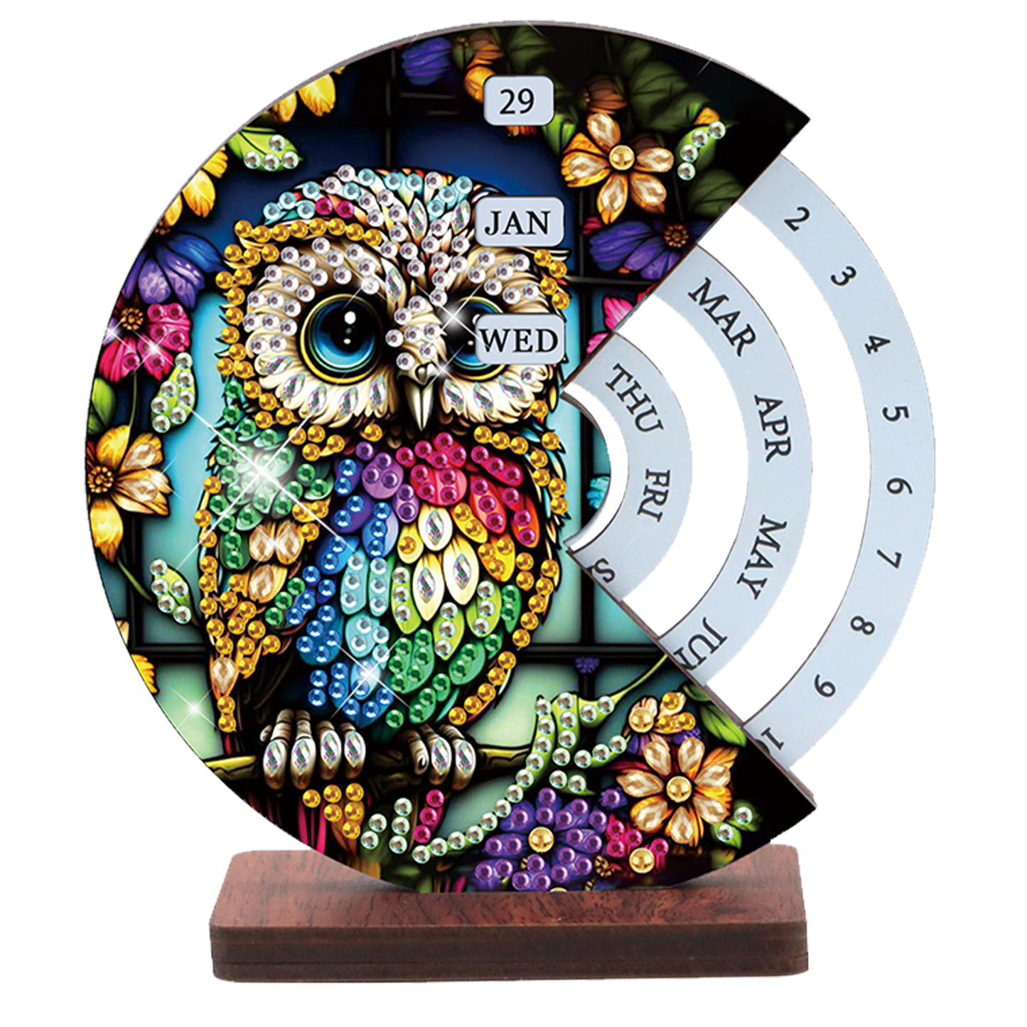2pcs Owl DIY Diamond Art Wooden Round Rotatable Calendar for Home Office Desk