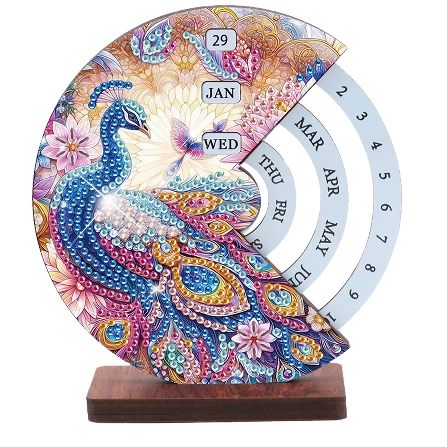 2pcs Peacock DIY Diamond Art Wooden Round Rotatable Calendar for Home Office
