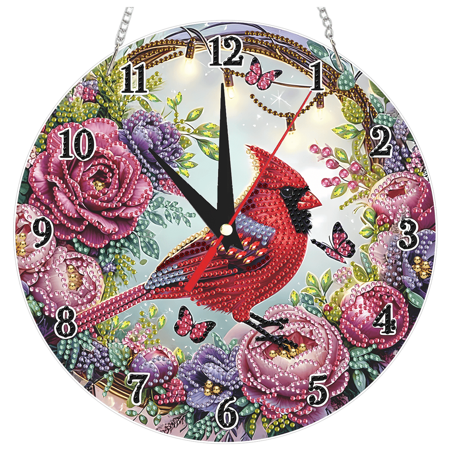 2D Flat DIY Redbird Flower Acrylic 5D Diamond Art Clock Kit for Home Decoration