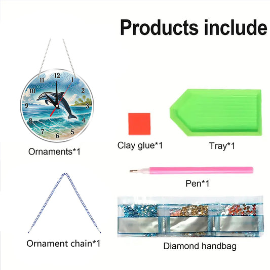 2D Flat DIY Dolphin Acrylic Diamond Painting Clock Pendant for Home Decoration