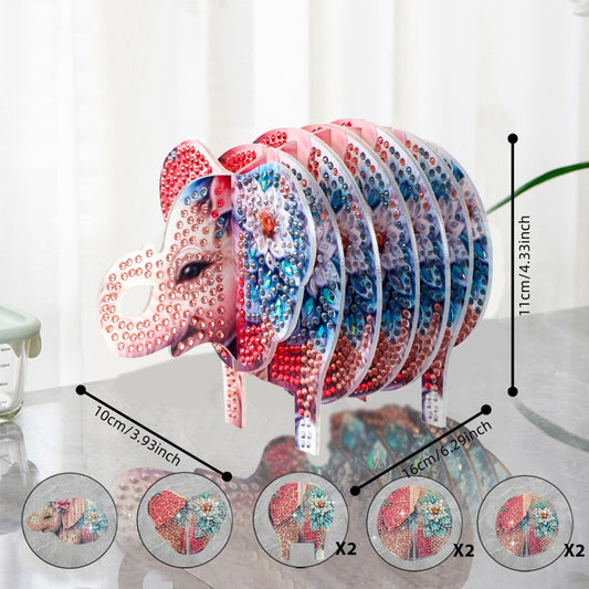Pink Elephant 5D DIY Animal Pattern Diamond Painting Coasters Kits with Holder
