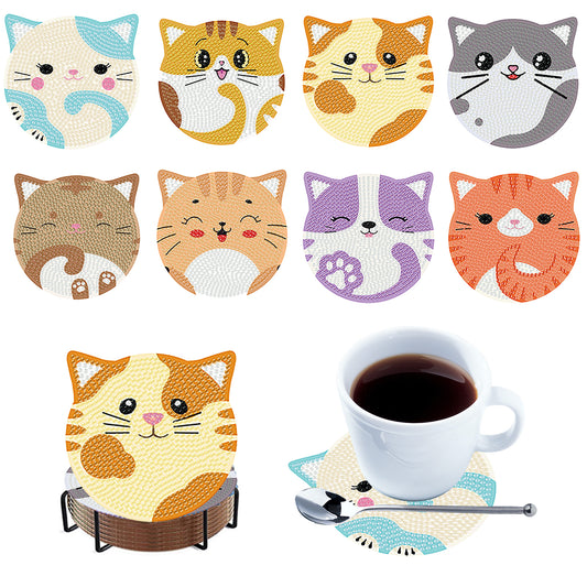 8pcs Cat Wooden DIY Coaster Diamond Art Kits with Holder No-Slip for Home Decor