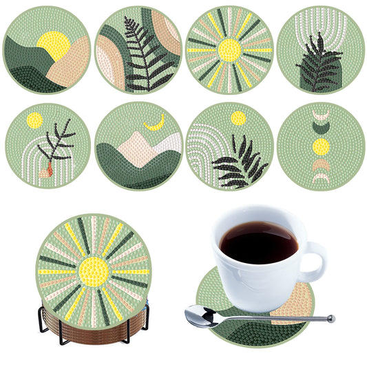 8pcs Green Wooden DIY Coaster Diamond Art Kits with Holder No-Slip Home Decor