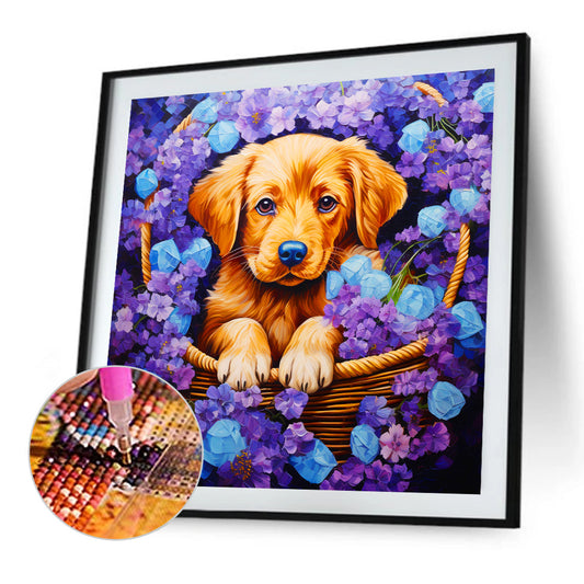Dog In Flower Basket - Full Round Drill Diamond Painting 40*40CM