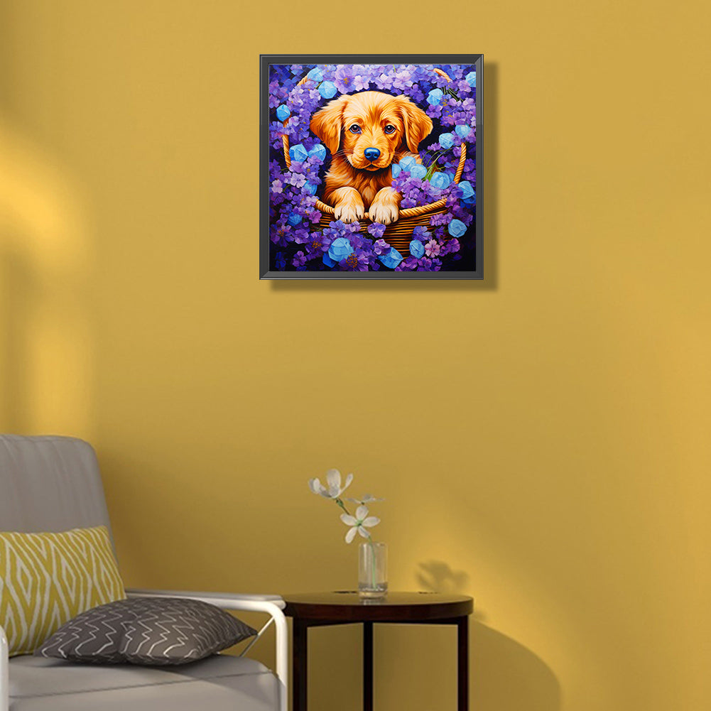 Dog In Flower Basket - Full Round Drill Diamond Painting 40*40CM