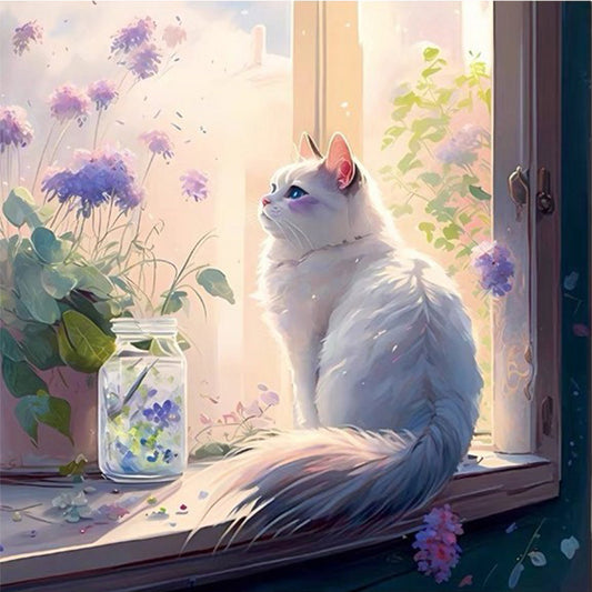 Cat And Flowers On The Windowsill - 18CT Stamped Cross Stitch 30*30CM