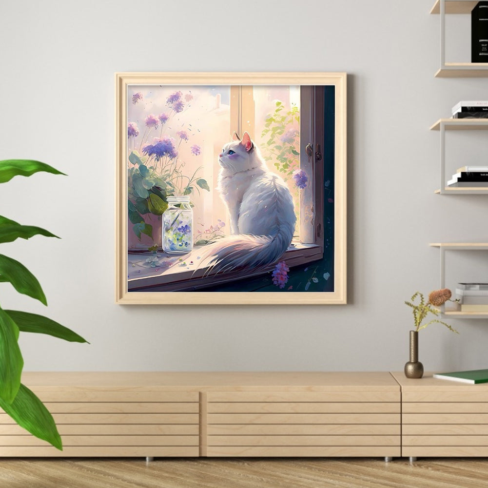 Cat And Flowers On The Windowsill - 18CT Stamped Cross Stitch 30*30CM