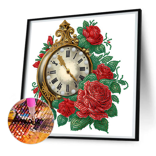 Flowers And Clock - Special Shaped Drill Diamond Painting 30*30CM