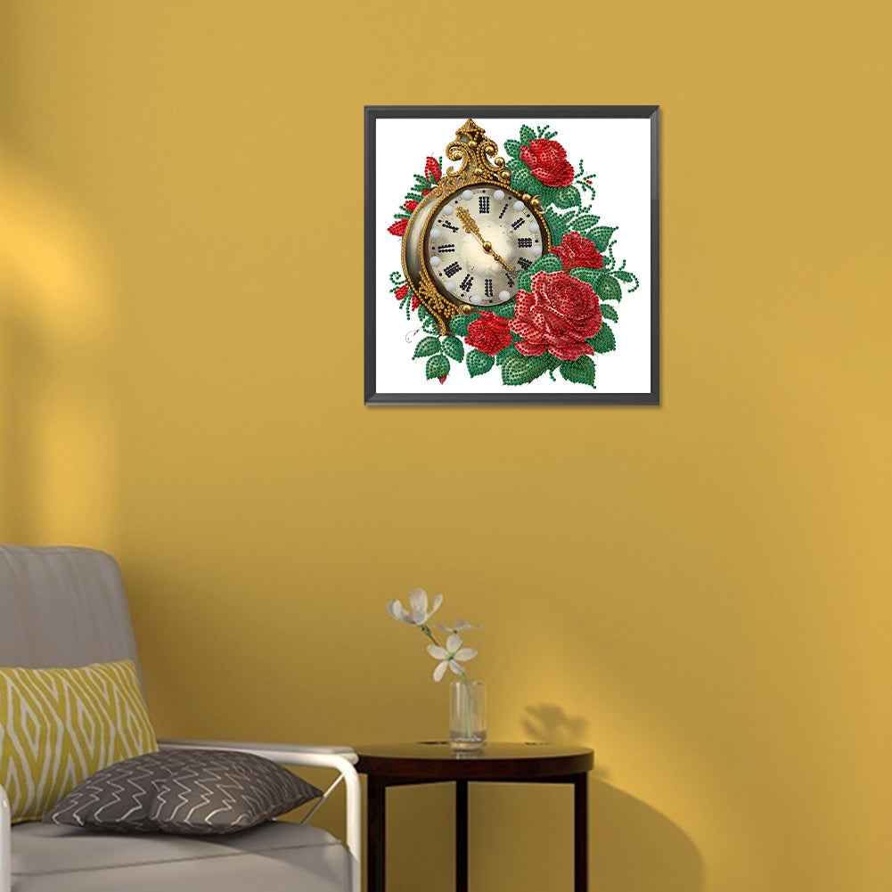 Flowers And Clock - Special Shaped Drill Diamond Painting 30*30CM