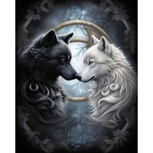 Black And White Twin Wolves - Full AB Round Drill Diamond Painting 40*50CM