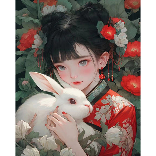 Ancient Style Girl And White Rabbit - 11CT Stamped Cross Stitch 40*50CM