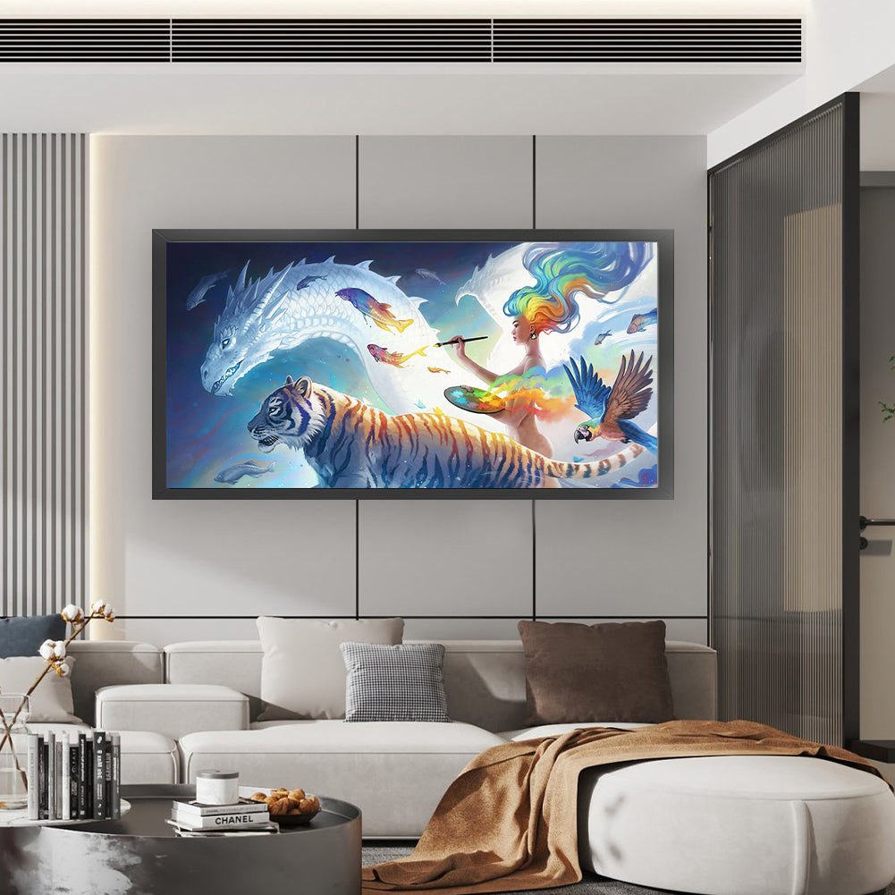 Tiger, Flying Dragon And Woman - 11CT Stamped Cross Stitch 100*50CM