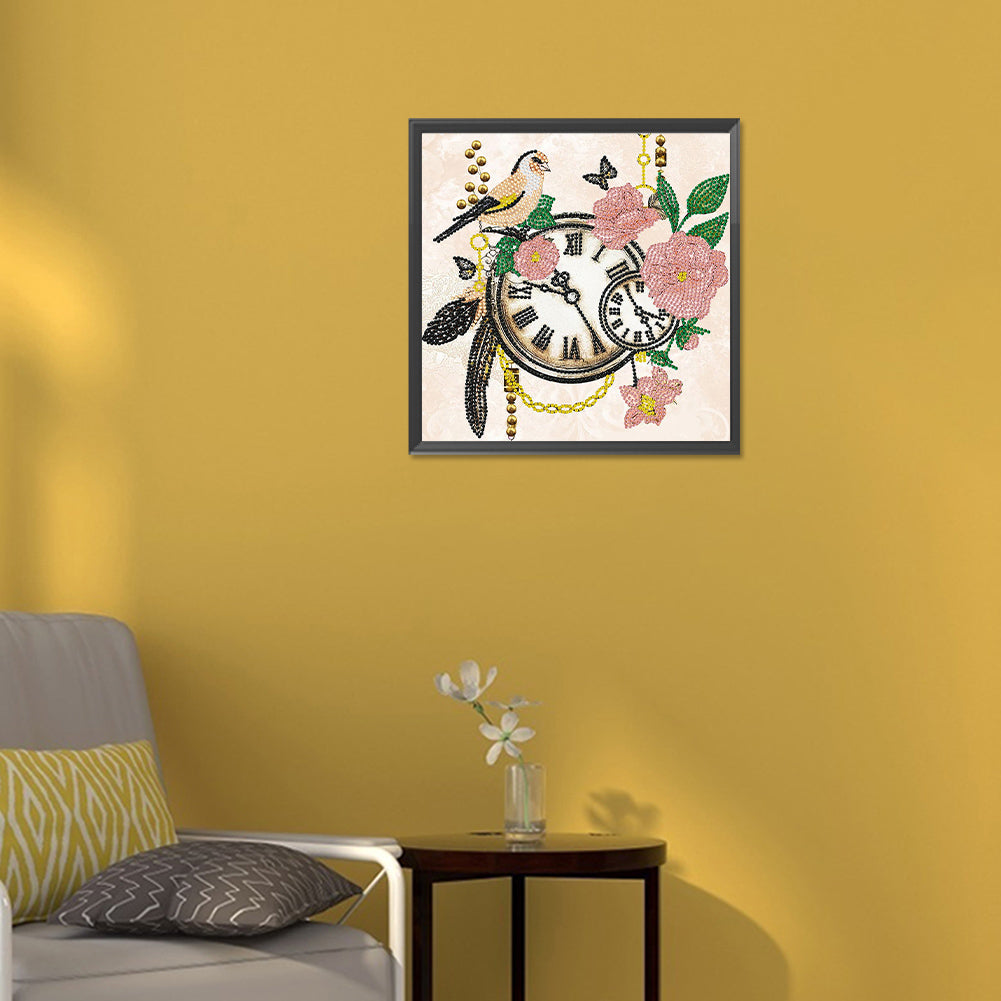 Flower And Bird Clock - Special Shaped Drill Diamond Painting 30*30CM