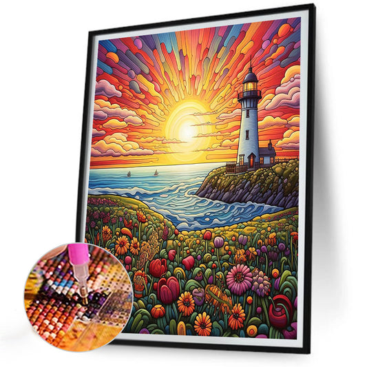 Hillside Lake Sea - Full Round Drill Diamond Painting 30*40CM