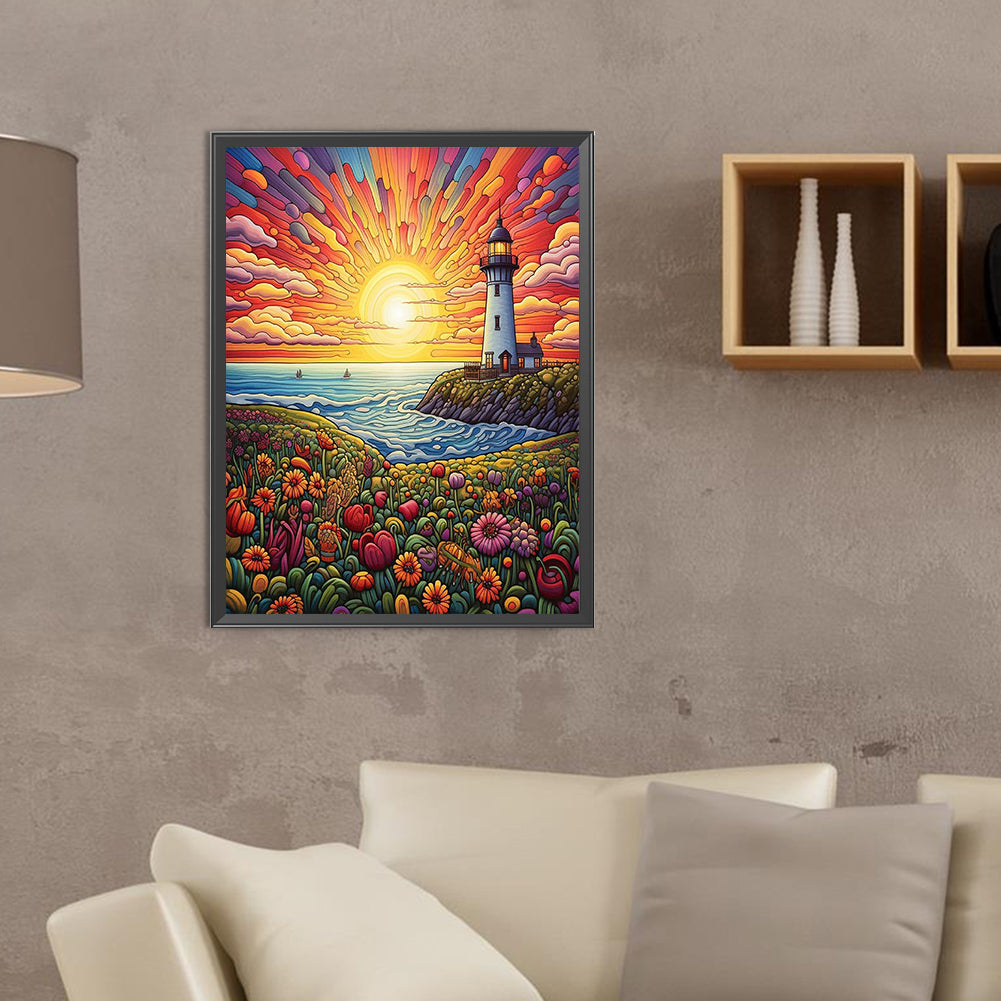 Hillside Lake Sea - Full Round Drill Diamond Painting 30*40CM