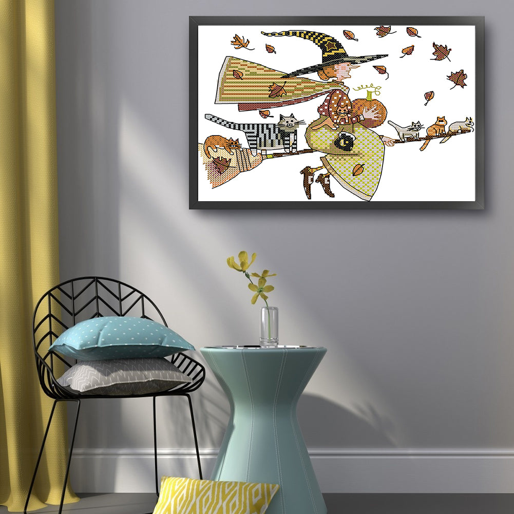 Witch And Cat - 14CT Stamped Cross Stitch 29*21CM(Joy Sunday)