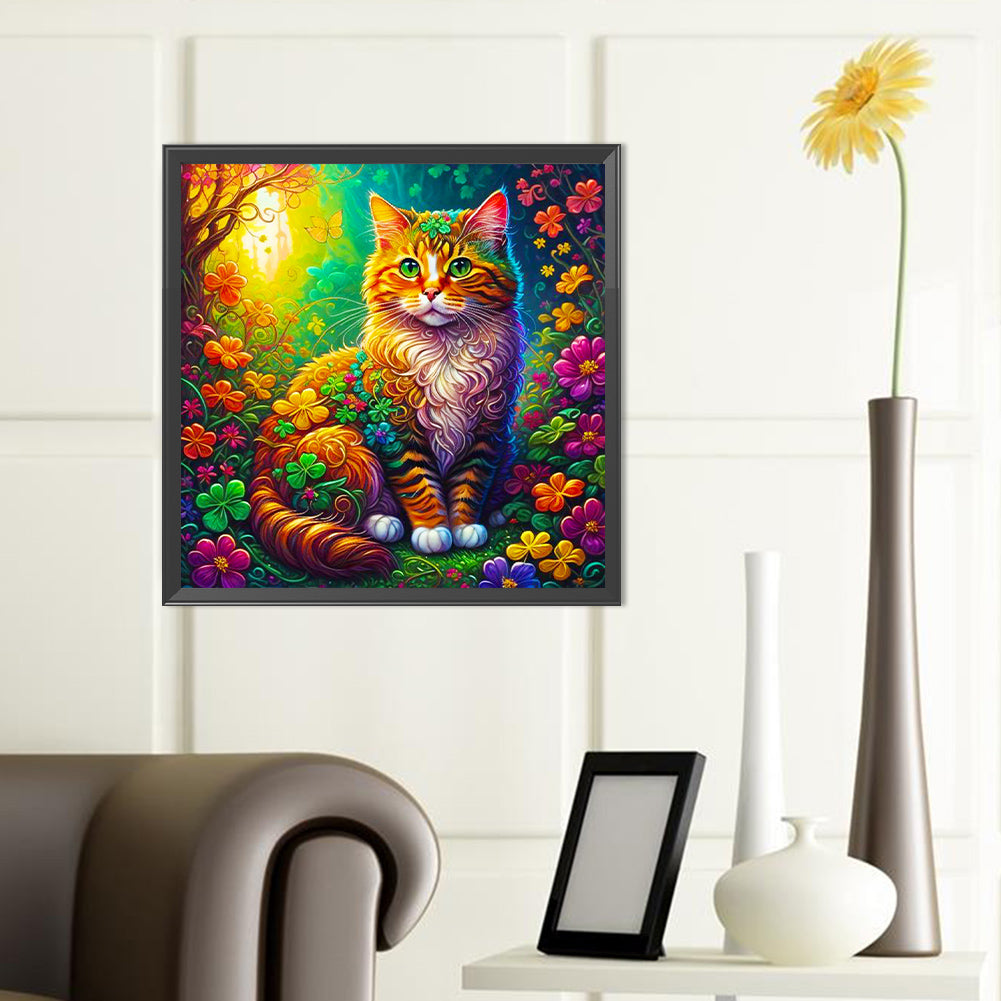 Cat Among Colorful Four-Leaf Clovers - Full Round Drill Diamond Painting 40*40CM