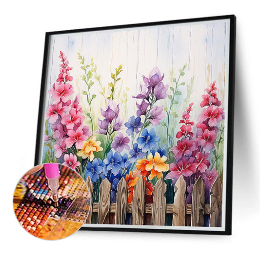 Flowers In Wooden Fence - Full Round Drill Diamond Painting 40*40CM