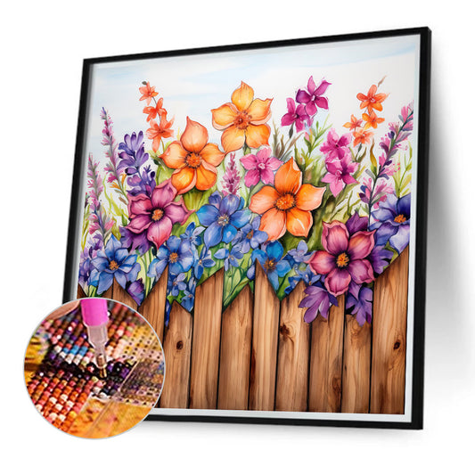 Flowers In Wooden Fence - Full Round Drill Diamond Painting 40*40CM