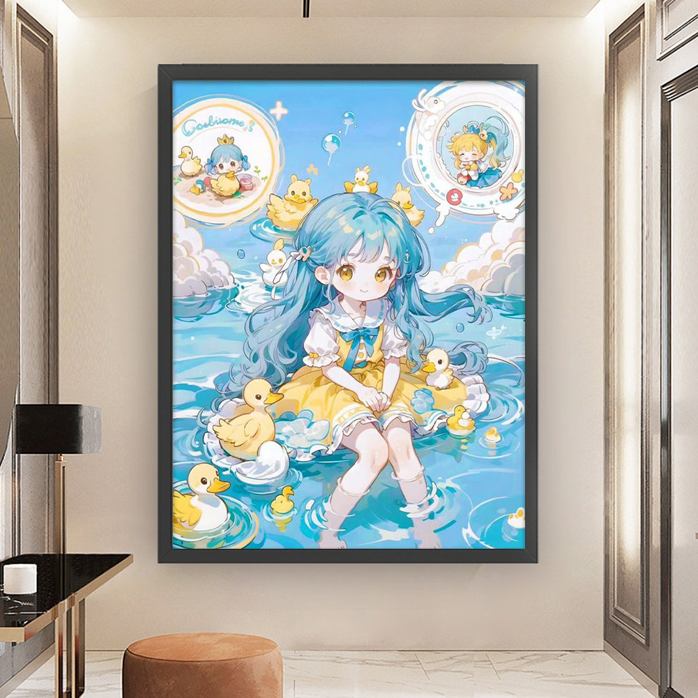 Cartoon Little Girl And Little Duck - 11CT Stamped Cross Stitch 50*65CM