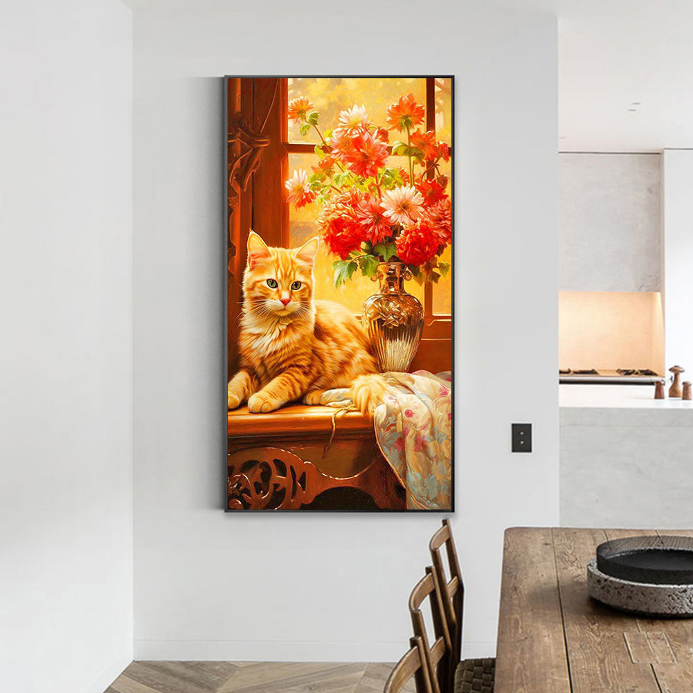 Orange Cat Next To Vase - Full Round Drill Diamond Painting 40*70CM