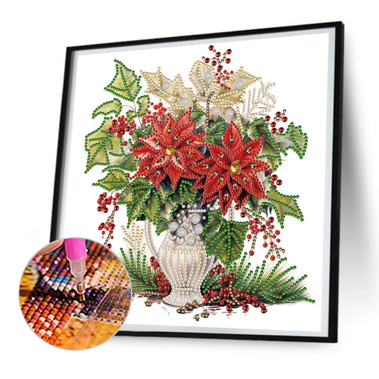 Christmas Red Flower Vase - Special Shaped Drill Diamond Painting 30*30CM