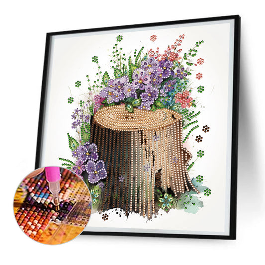 The Tenacious Blooming Flowers In The Wooden Pile - Special Shaped Drill Diamond Painting 30*30CM