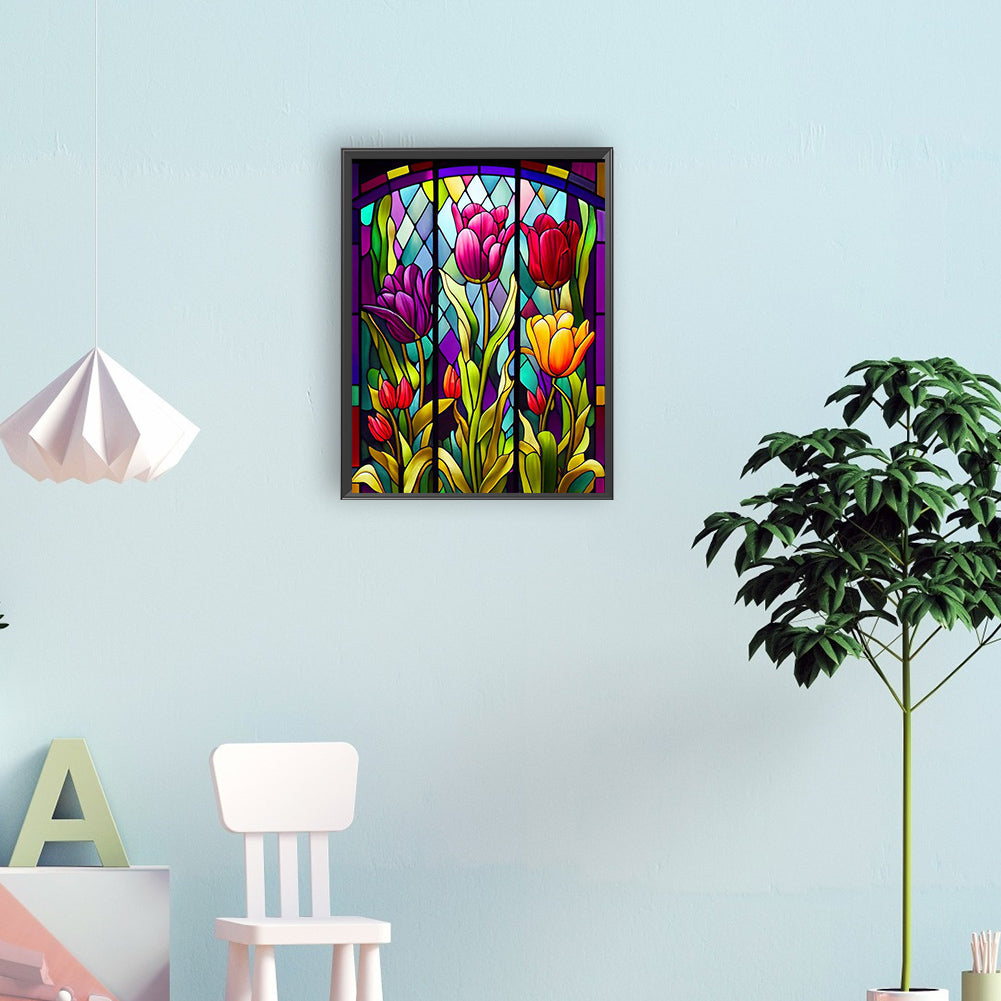 Stained Glass Tulips Flower - Full Round Drill Diamond Painting 30*40CM