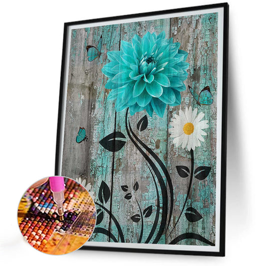 Blue And Green Wooden Board Flowers - Full Round Drill Diamond Painting 30*40CM