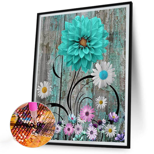 Blue And Green Wooden Board Flowers - Full Round Drill Diamond Painting 30*40CM