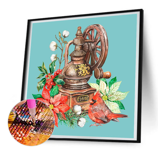 Coffee Machine With Cardinal Green Background - Full Round Drill Diamond Painting 30*30CM