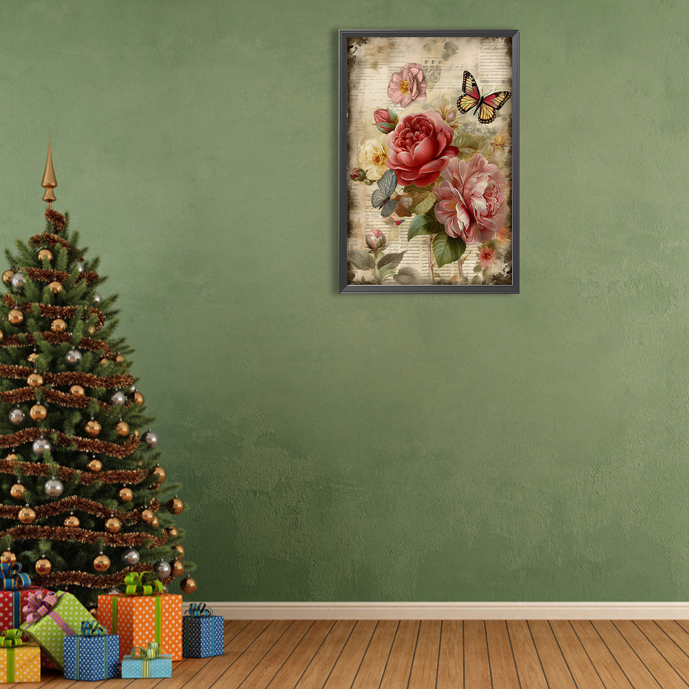 Vintage Butterflies And Peonies - Full Round Drill Diamond Painting 40*60CM