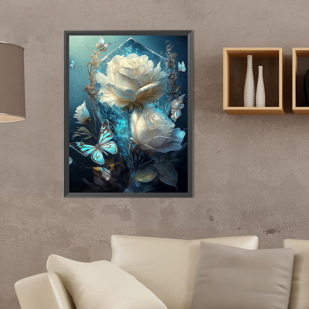 White Roses And Butterflies - Full Round Drill Diamond Painting 30*40CM