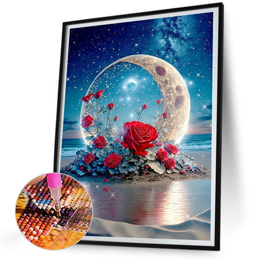 Red Rose Under The Moon - Full Round Drill Diamond Painting 30*40CM