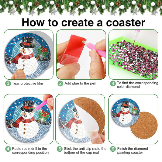 8PCS Diamond Painting Art Coaster Kit with Holder (Christmas Snowman)