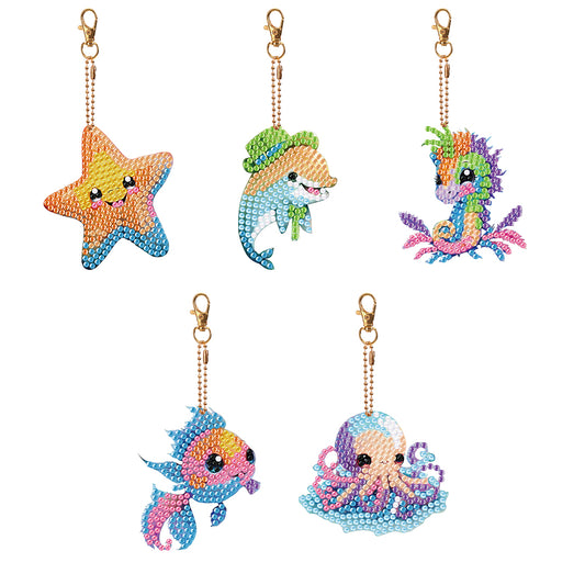 5PCS Double Sided Special Shape Diamond Painting Art Keychain Pendant Sea Animal