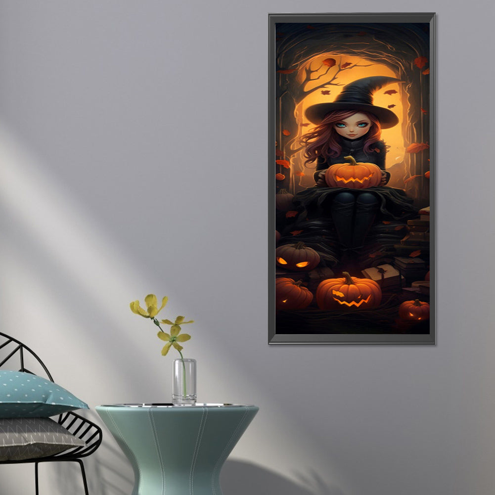 Halloween Little Witch Holding Pumpkin - Full Round Drill Diamond Painting 30*70CM