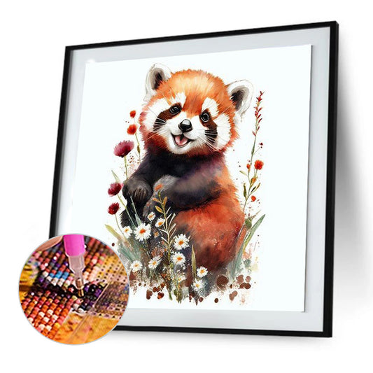 Red Panda And Flowers - Full Round Drill Diamond Painting 30*30CM