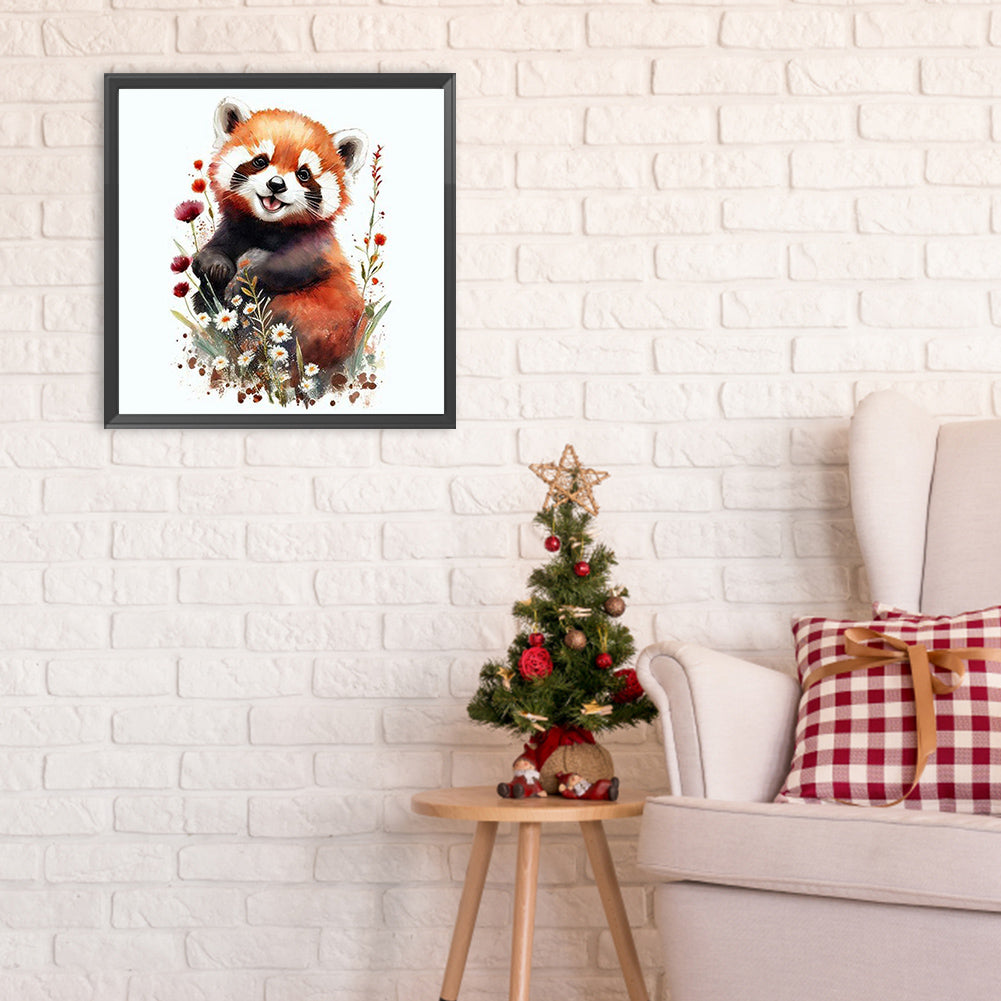 Red Panda And Flowers - Full Round Drill Diamond Painting 30*30CM