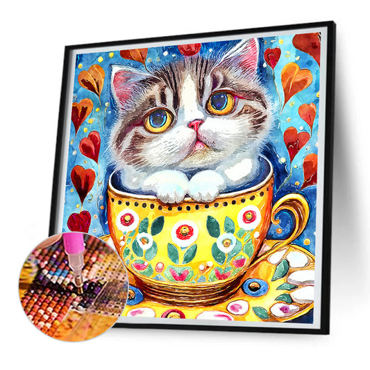 Cat In Teacup - Full Round Drill Diamond Painting 30*30CM