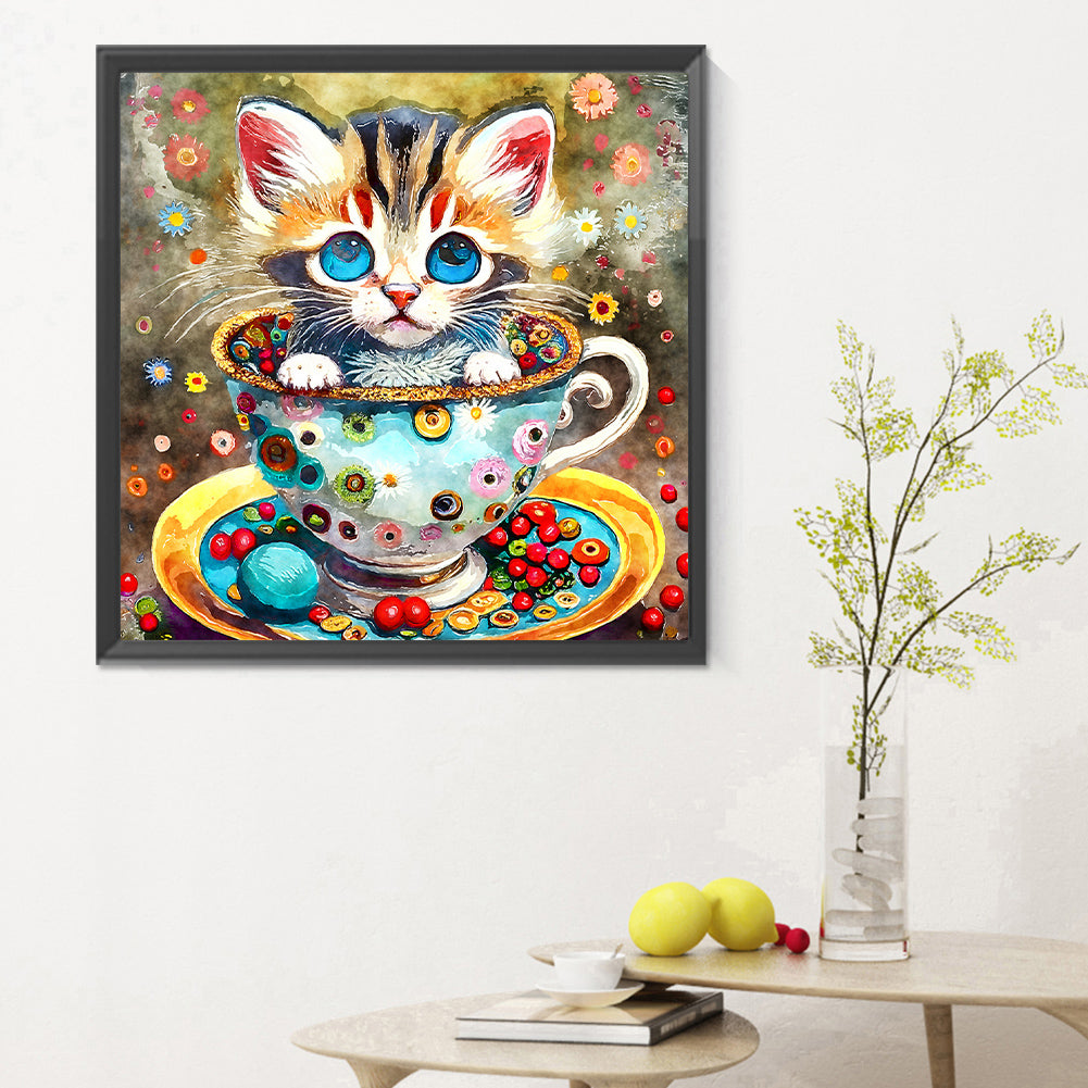 Cat In Teacup - Full Round Drill Diamond Painting 30*30CM