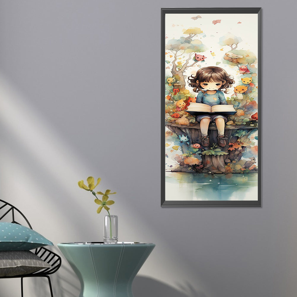Forest Girl And Book - Full Round Drill Diamond Painting 30*70CM