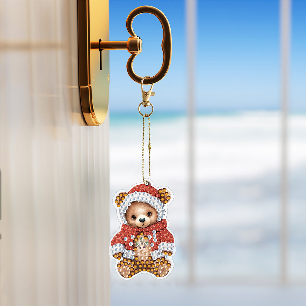 6PCS Double Sided Special Shape Diamond Painting Keychain (Christmas Bear)