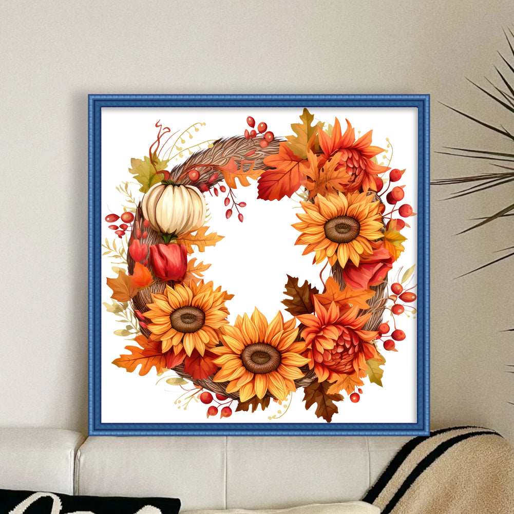 Autumn Sunflower Wreath - 11CT Stamped Cross Stitch 40*40CM