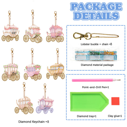 8PCS Double Sided Diamond Painting Art Keychain Pendant (Fantasy Carriage)