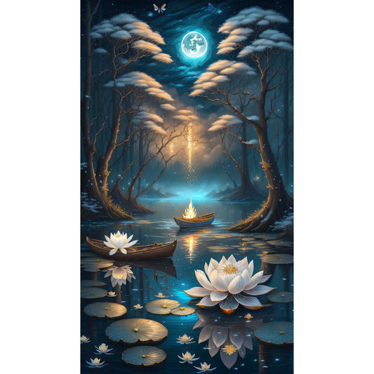 Lotus Shadow Under The Moon - Full Round Drill Diamond Painting 40*70CM